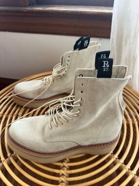 R13 Beige Suede Lace-Up Platform Combat Boots